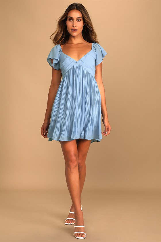 Light Blue Mini Dress - Pleated Mini ...